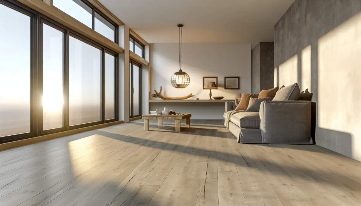 A spacious living room adorned with waterproof luxury vinyl plank flooring, illustrating Attleboro's coastal farmhouse style. This well-lit space, basking in the golden hour sunlight through large windows, features floor coverage of about 70% and a single trendy sofa in the corner. Signs of regional architecture include a nautical light fixture and a driftwood accent, adding a subtle touch of local color. The weathered gray wooden planks, combined with the seashell-textured area rug, offer rich texture to the composition. Professional interior photography, high quality, 1792x1024 Size, --ar 16:9 --style photographic --v 6.0.