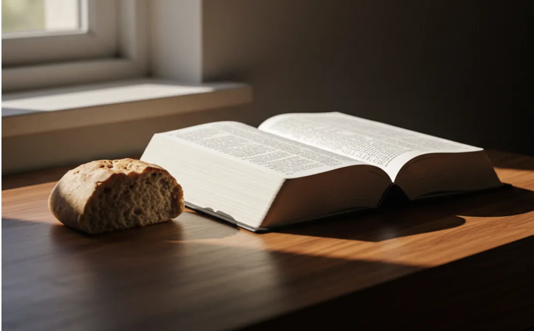 An open Bible beside a piece of bread on a table, symbolizing daily spiritual nourishment and reliance on God’s Word.