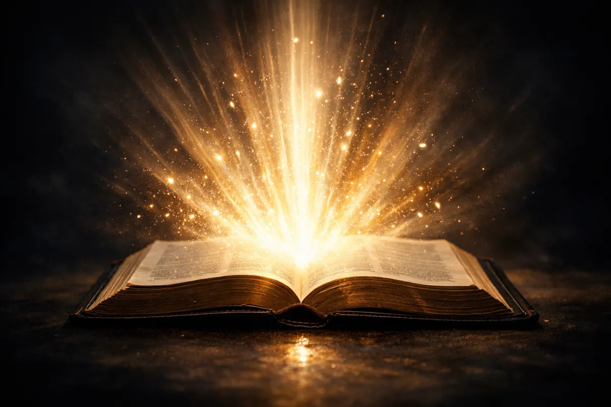 Open Bible glowing with radiant light in a dark setting, symbolizing the living and powerful Word of God bringing life and hope.