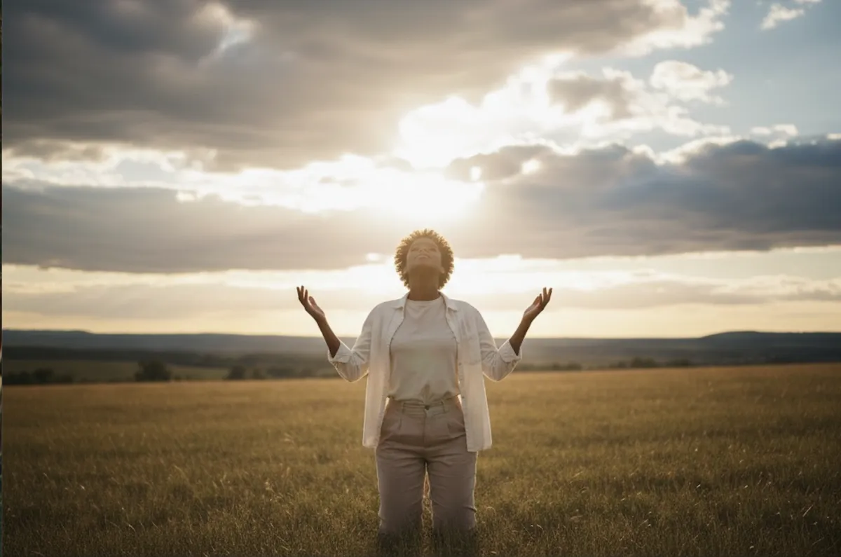 A person kneeling with open hands under soft light, symbolizing humility and receiving God’s grace.