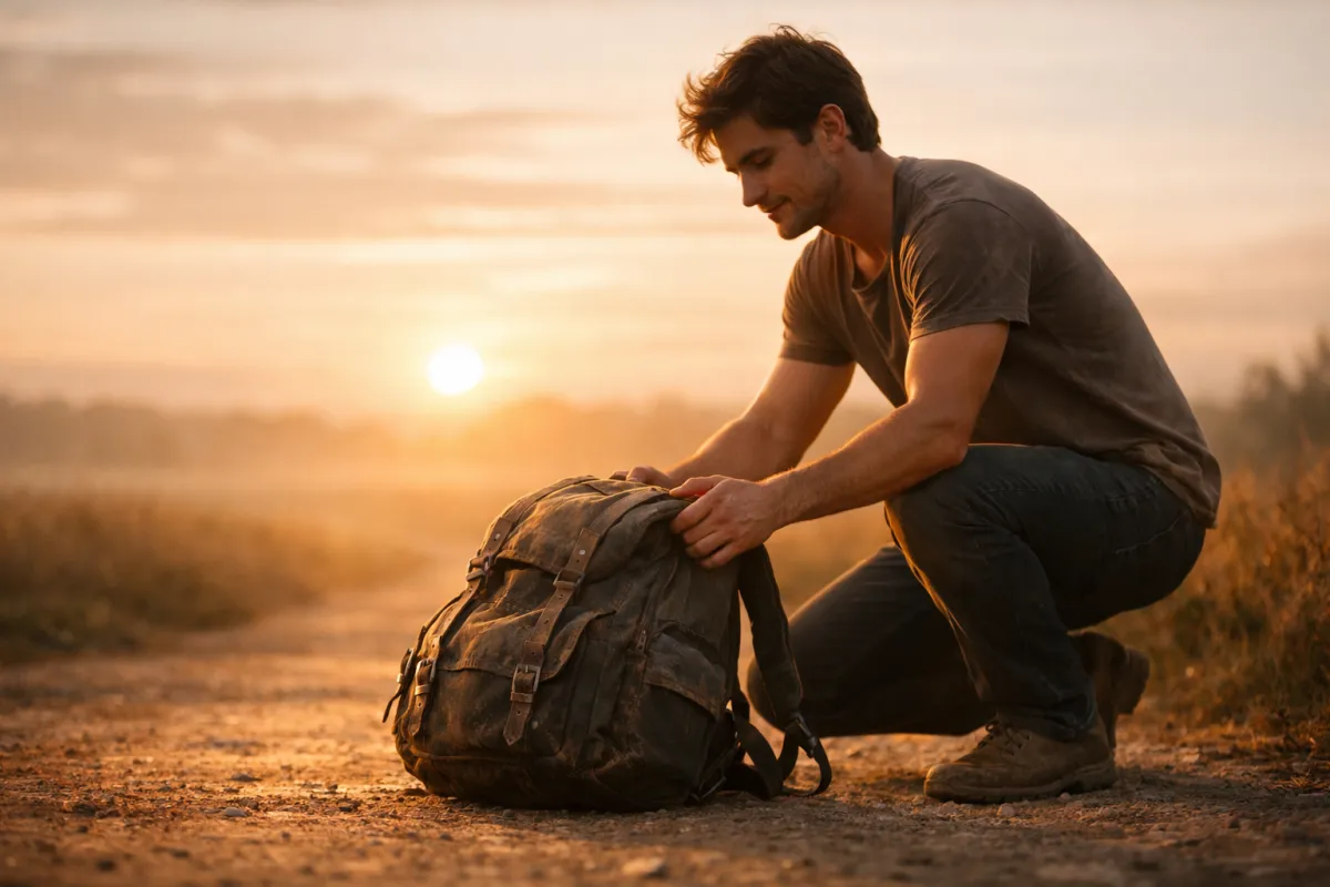 A young man gently sets a worn, heavy backpack onto a dirt path at sunrise, bathed in warm golden light, symbolizing releasing emotional burdens and choosing freedom.