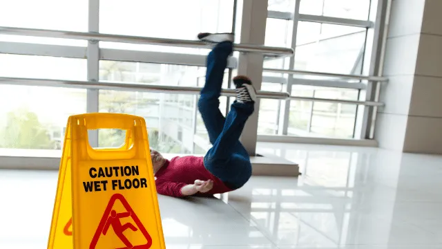 Someone slipping and falling on a wet floor
