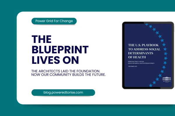 Thumbnail graphic promoting the re-release of the U.S. Playbook to Address Social Determinants of Health. On the left, bold text reads “The Blueprint Lives On” with a subheadline: “The architects laid the foundation. Now our community builds the future.” A label at the top says “Power Grid For Change.” The right side features the original Playbook cover, and a button-style URL at the bottom reads “blog.poweredtorise.com.” Background colors are teal, white, and navy.