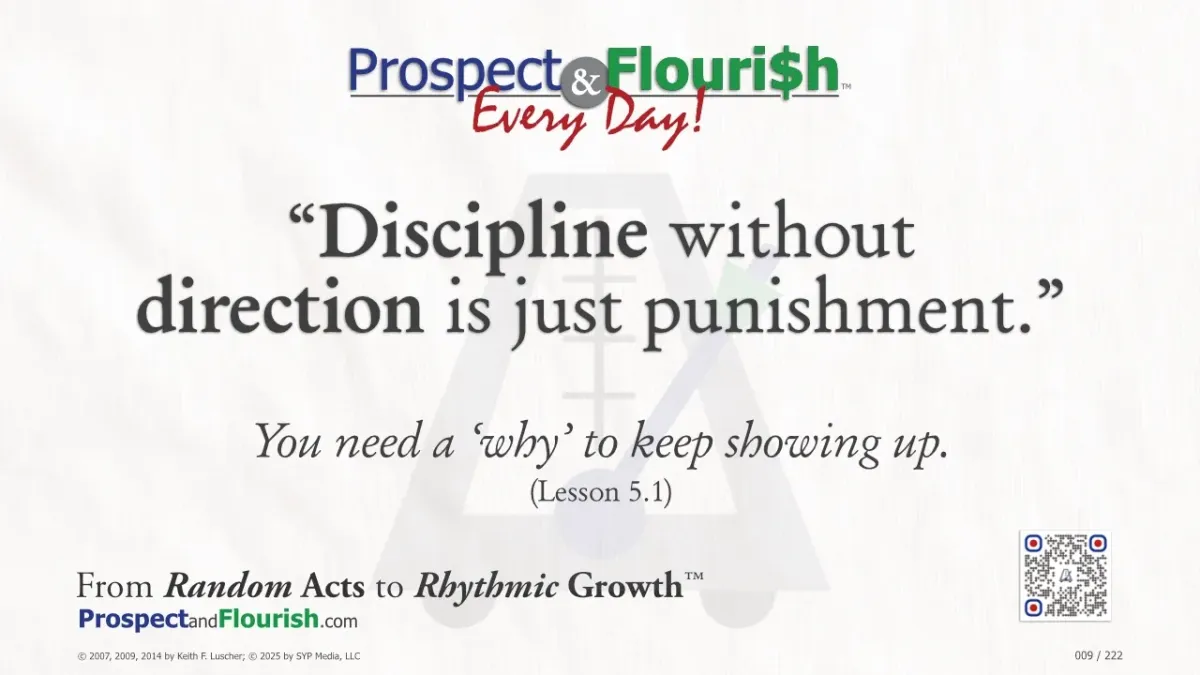“Discipline without direction is just punishment – Prospect & Flourish Every Day quote on purpose and discipline.”