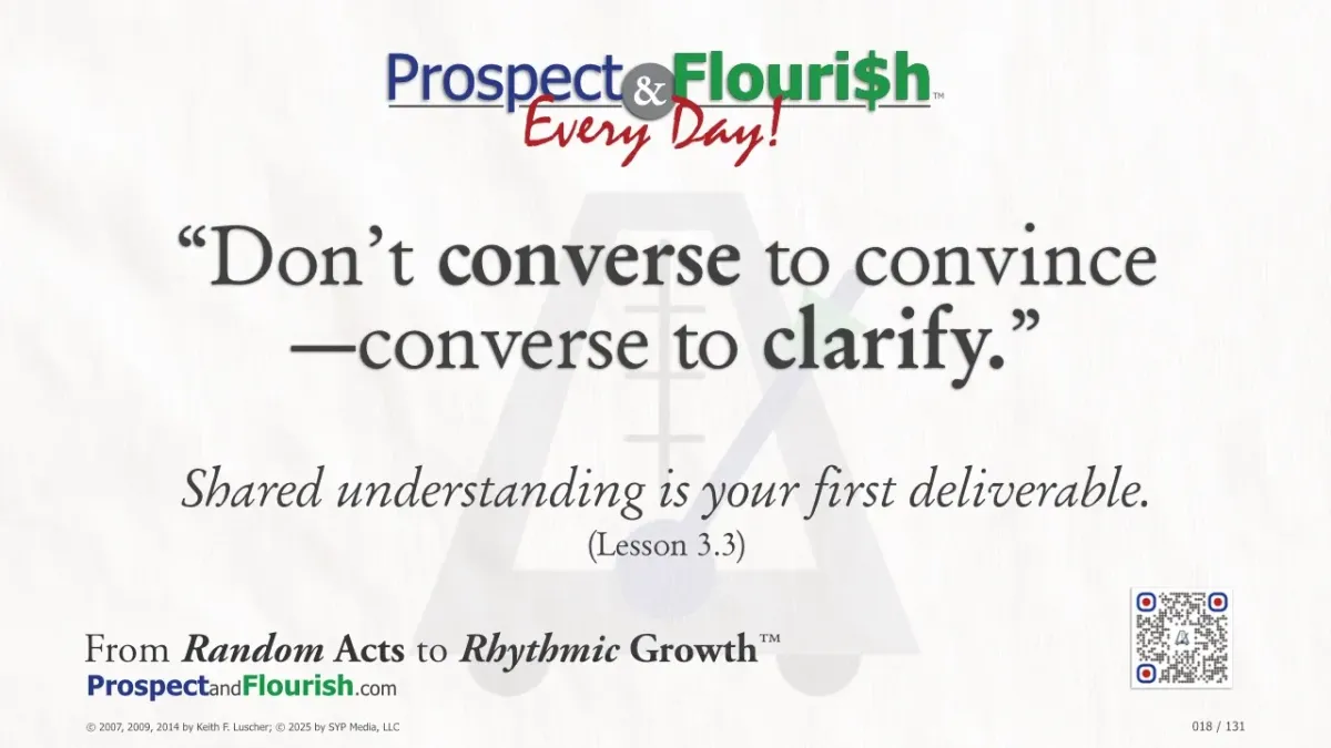 “Don’t converse to convince – Prospect & Flourish Every Day quote on communication and clarity.”