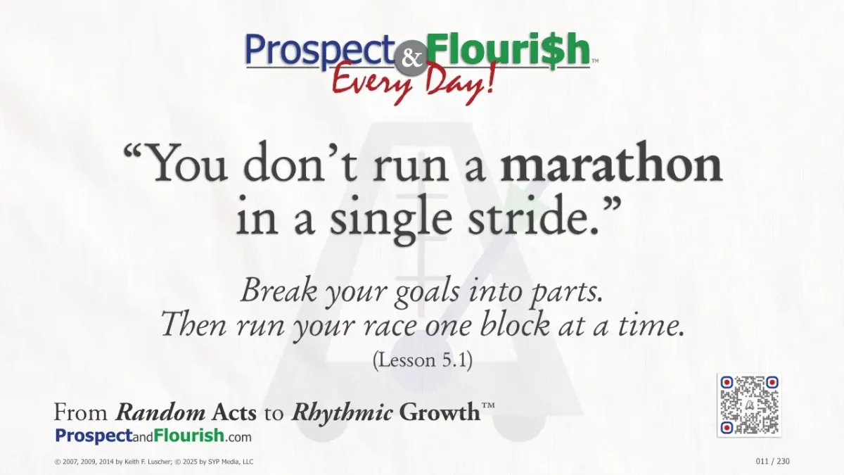 “You don’t run a marathon in a single stride – Prospect & Flourish Every Day quote on goal setting and persistence.”