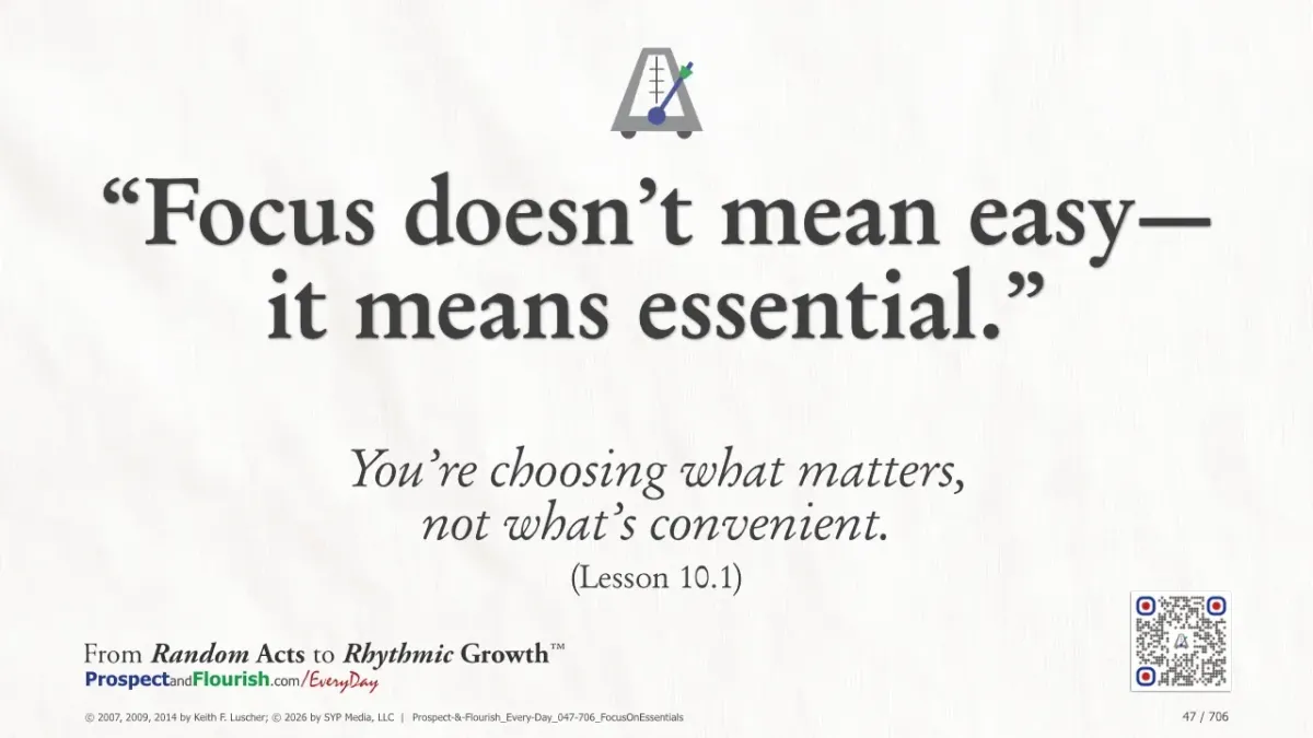 “Focus doesn’t mean easy – Prospect & Flourish Every Day quote on priorities and discipline.”