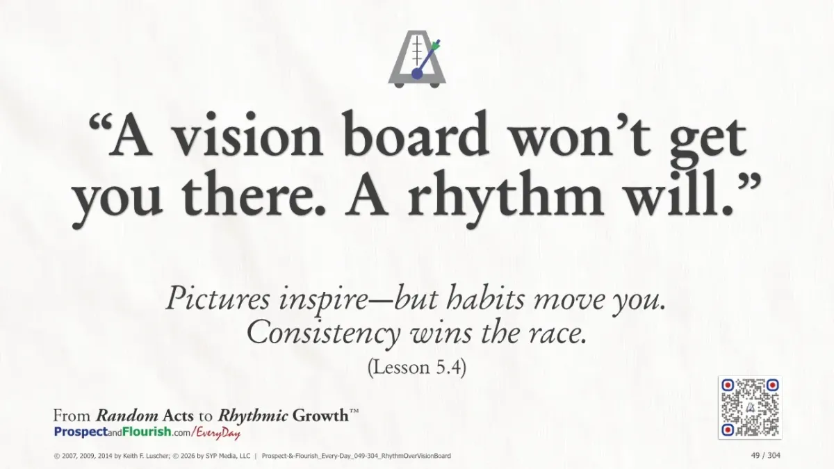 “A vision board won’t get you there – Prospect & Flourish Every Day quote on rhythm and consistency.”