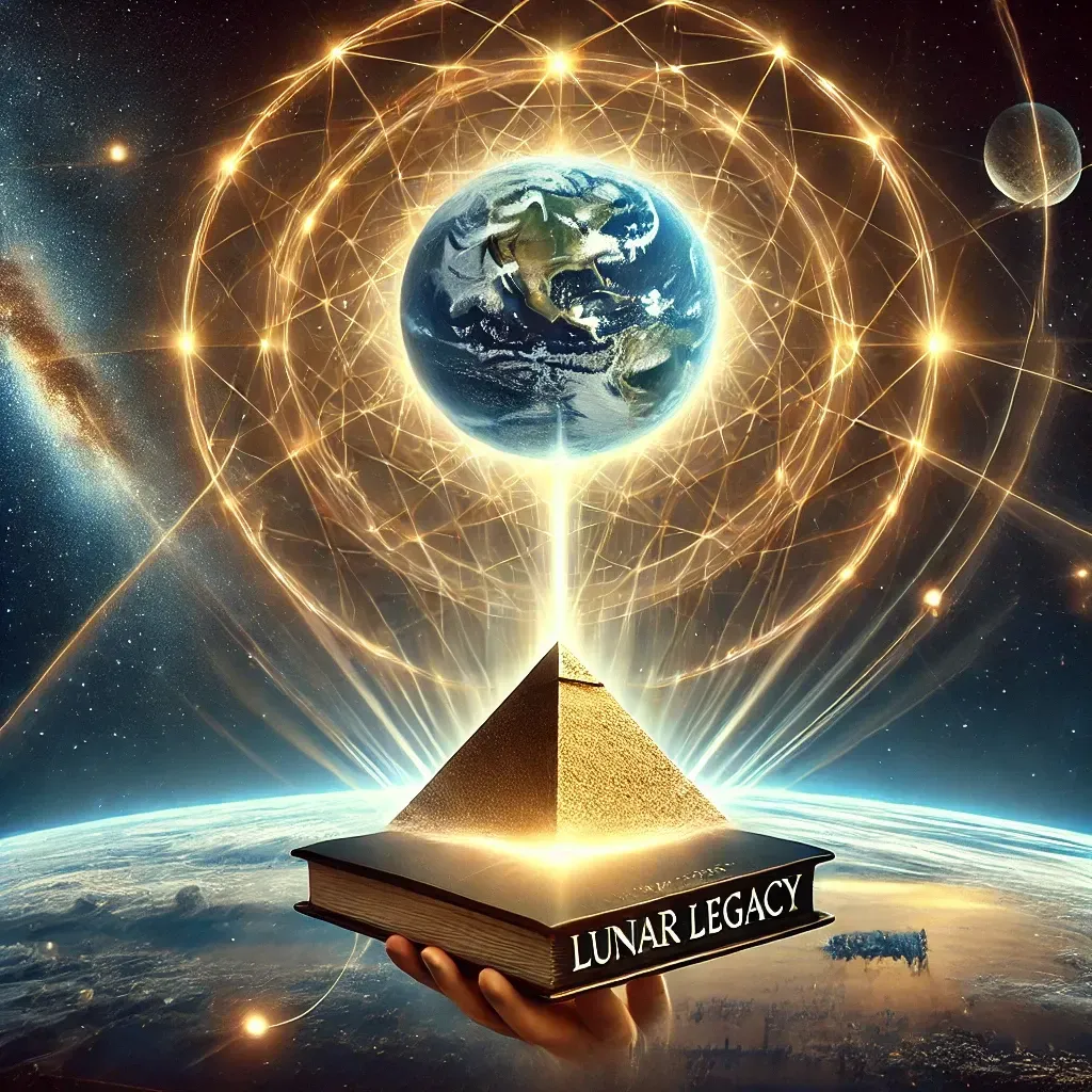 A symbolic and uplifting illustration representing a cosmic legacy, with a glowing Earth, the Moon, and a radiant energy trail connecting them, symbolizing humanity’s lasting imprint in the universe.