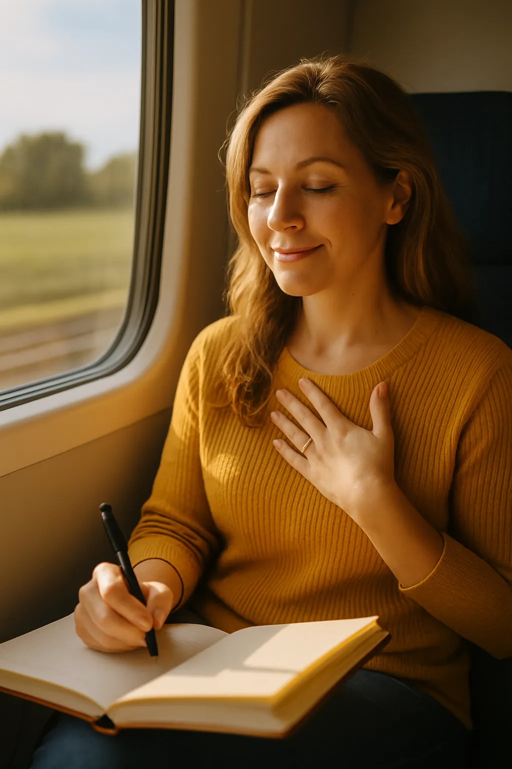 A warm, radiant photo of a smiling woman journaling at a sunlit table, symbolizing self-worth and peace.