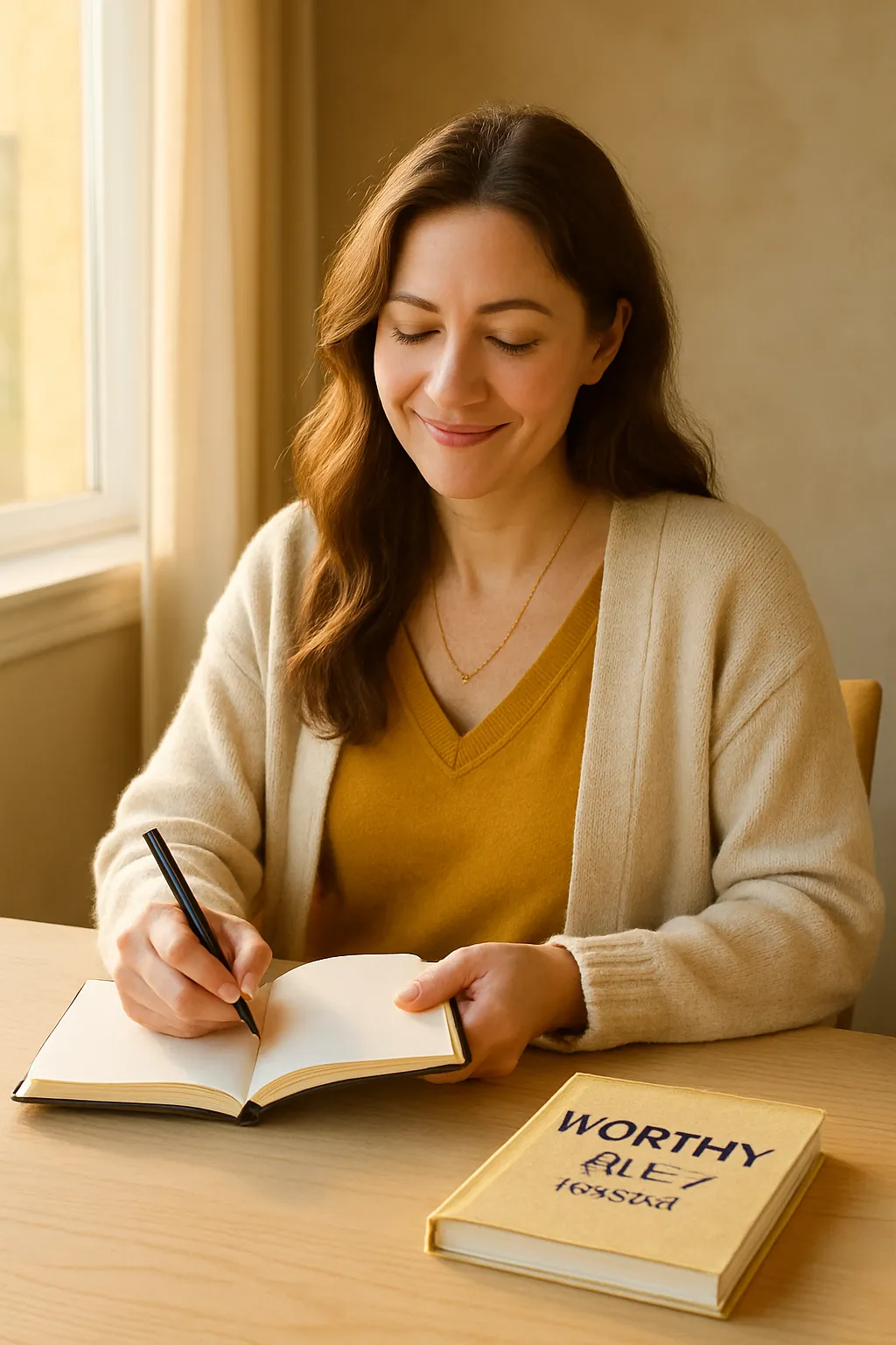 A radiant woman smiles warmly outdoors, embodying authenticity, generosity, and inner worth.