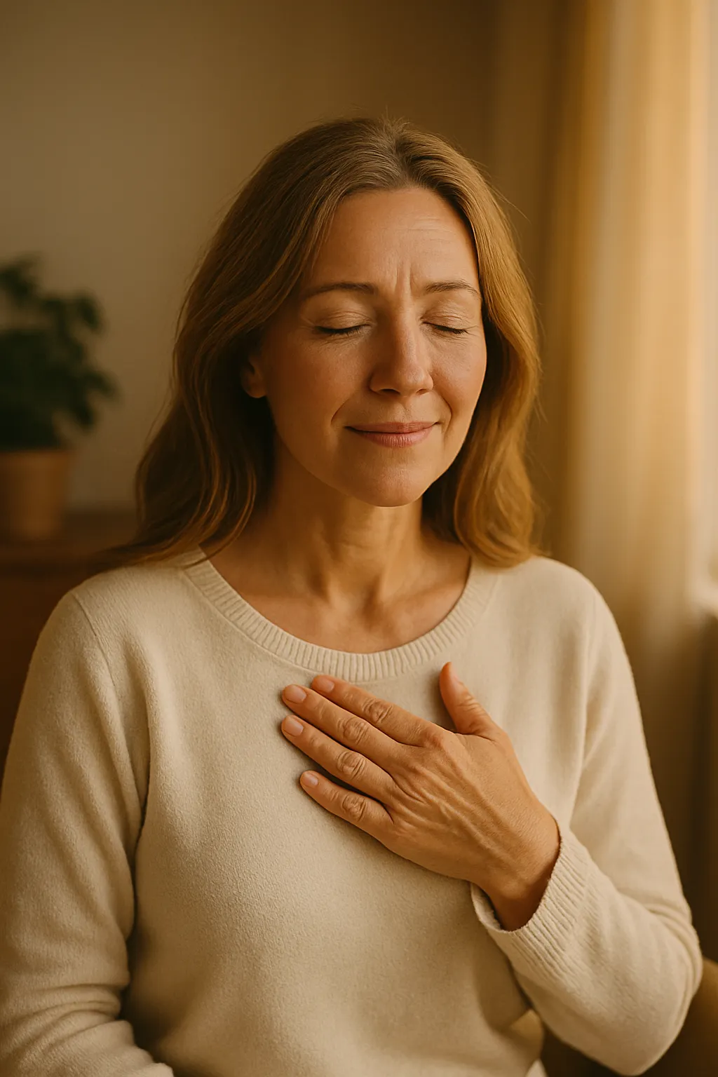 A peaceful, heart-centered woman sits in quiet reflection, symbolizing grace, presence, and miracles.