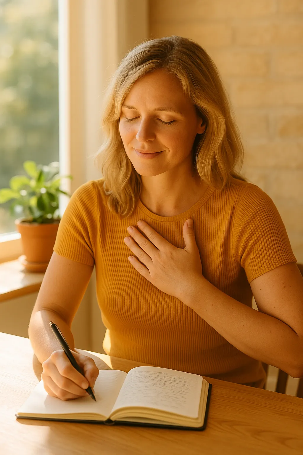 A warm, radiant image of a fair-skinned blonde woman smiling confidently in natural sunlight, symbolizing empowerment and prosperity.