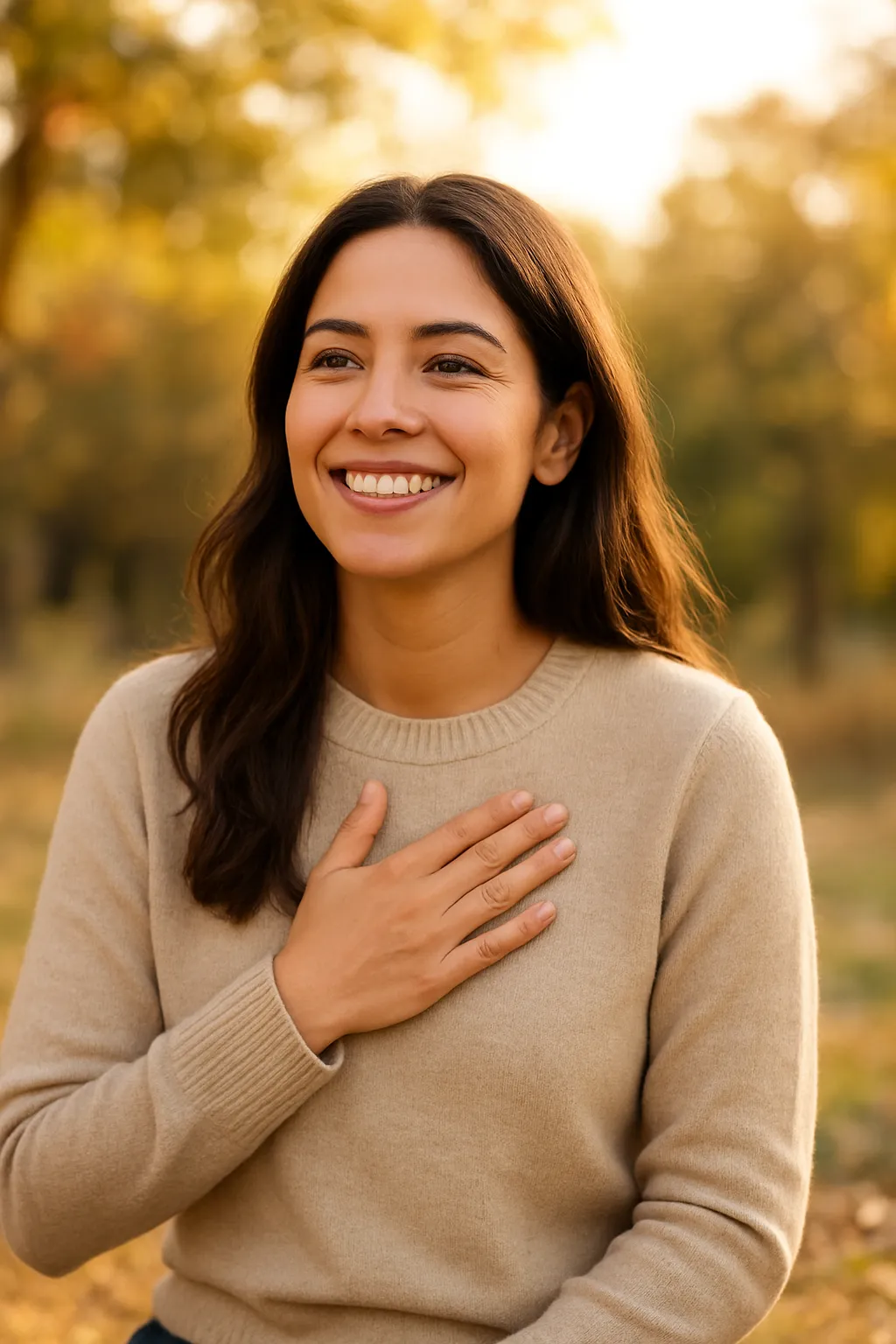 A smiling woman in a beige sweater places her hand on her heart, bathed in warm, golden autumn light.