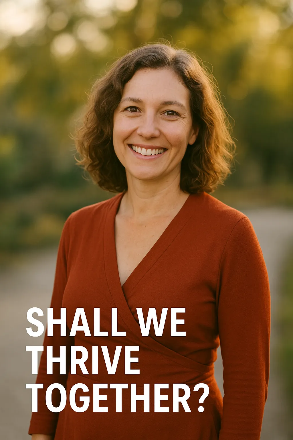 Warm, radiant photo of a smiling woman with soft lighting, symbolizing connection, growth, and thriving together.