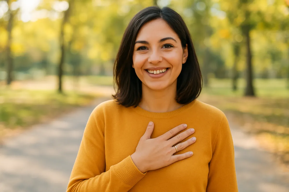 A warm, radiant portrait of a smiling woman with soft lighting, symbolizing inner light and confidence.