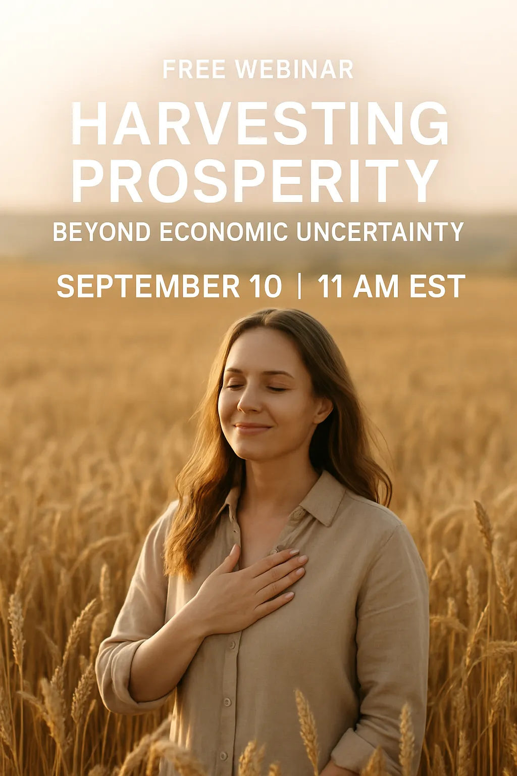A warm photo of a woman in a golden field at sunset, symbolizing abundance, harvest, and prosperity.