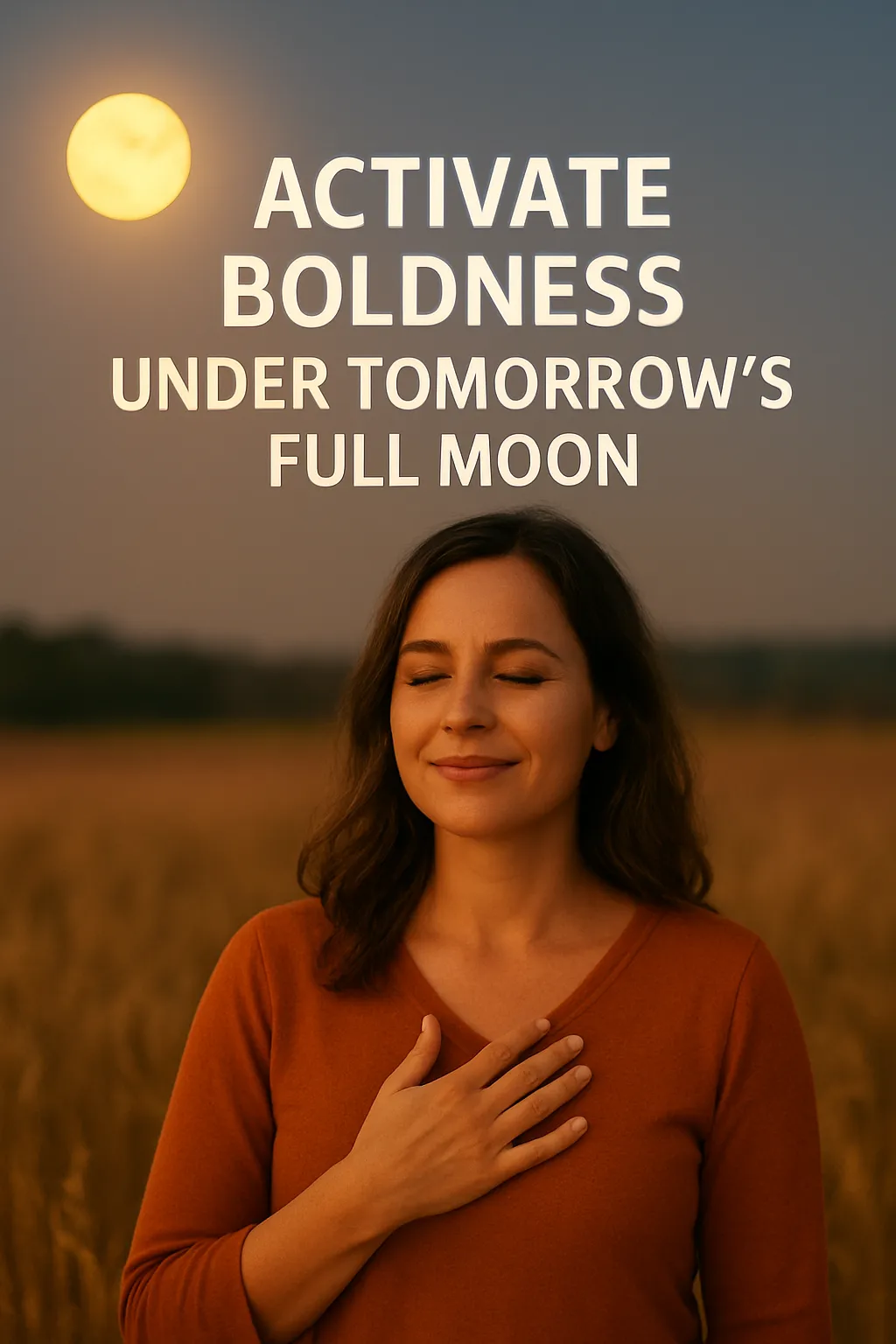 A warm photograph of a young woman outdoors at night, softly illuminated by the radiant full moon.