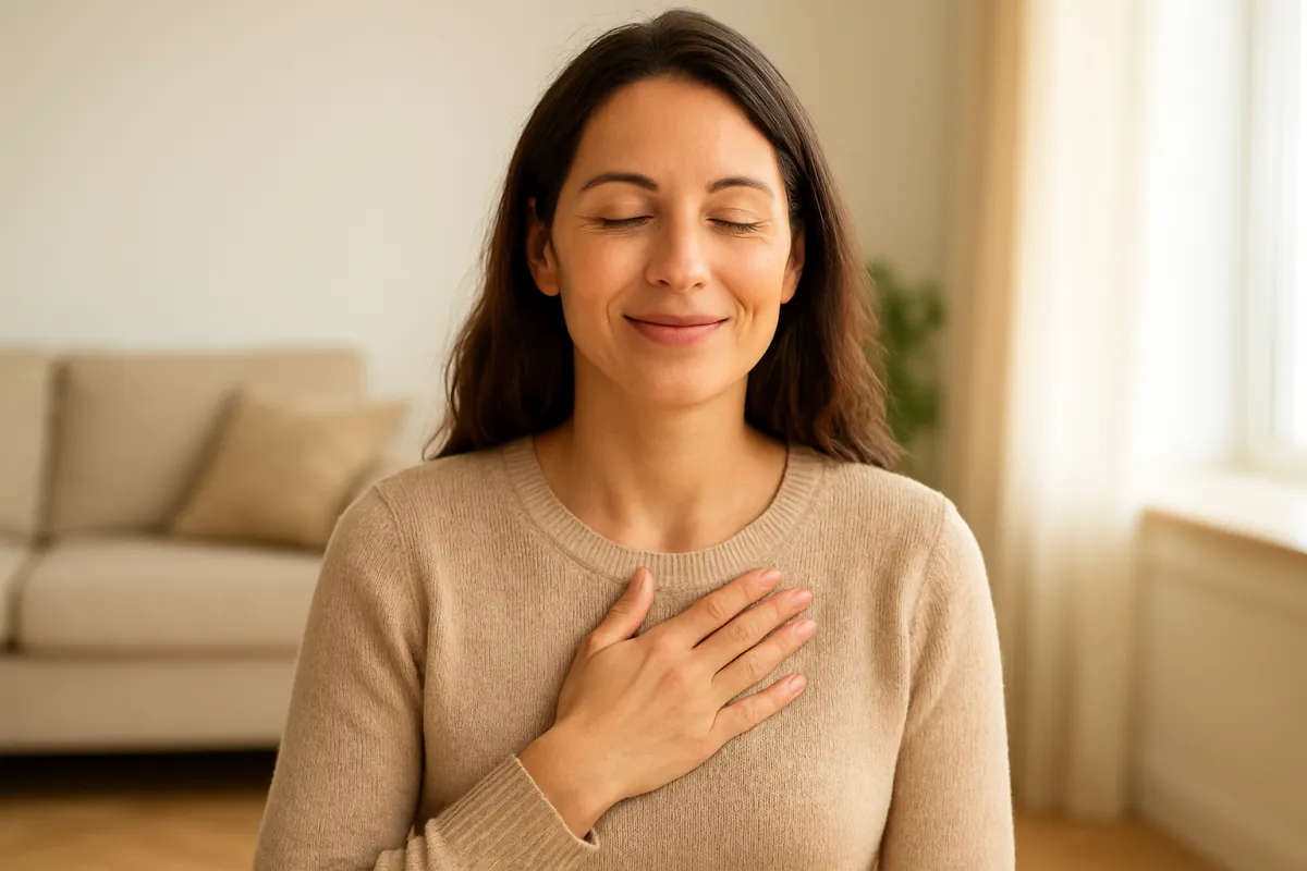 A serene woman in soft natural light, hand on heart, radiating warmth, peace, and mindful presence.