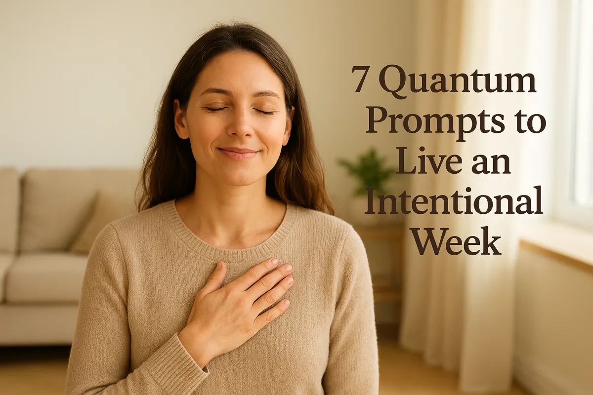 A peaceful woman in soft golden light, hand on heart, radiating calm, intention, and mindful presence.