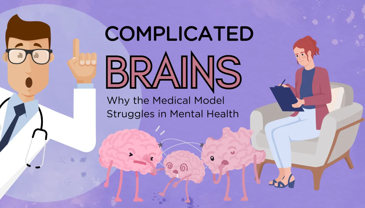 Three animated brains in various stages of struggling are flanked by a male doctor coming in to offer an idea and a female psychologist observing and taking notes.