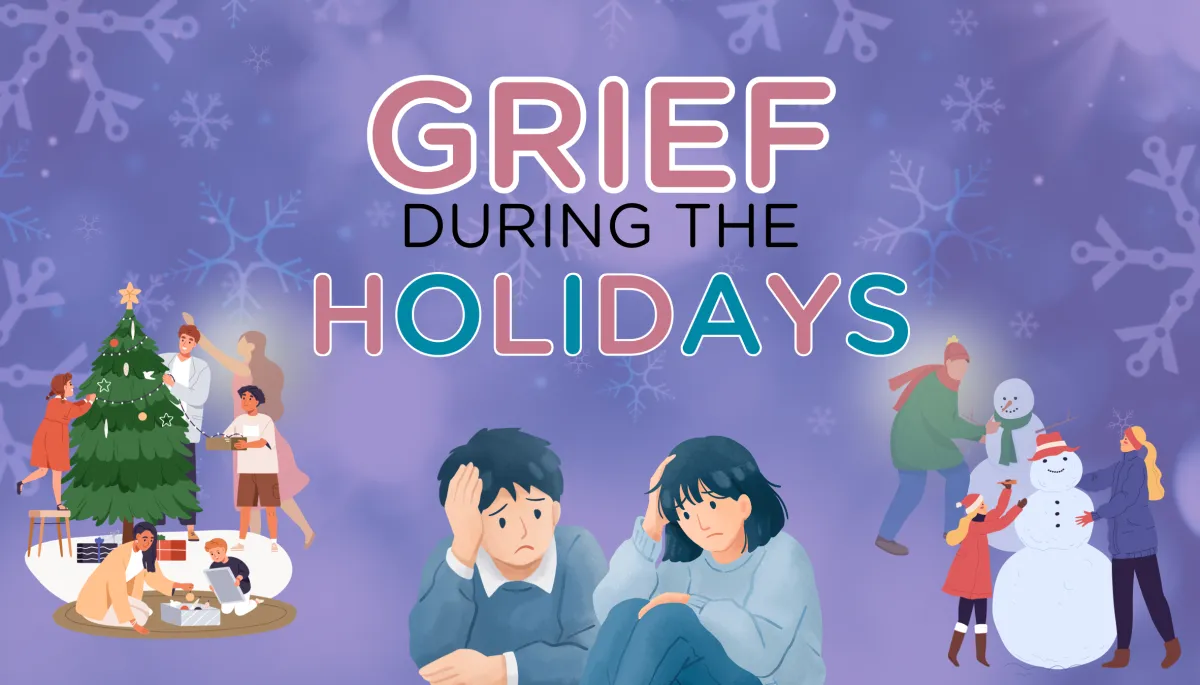 An couple strugglign with grief on a purple background with snowflakes inthe back ground. A family decaorates a tree but they are missing a fail member. A mother and daughter build a snowman, but they are missing a father and husband. 
