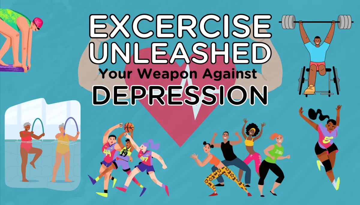 Individuals participating in various forms of excersise on a teal background.