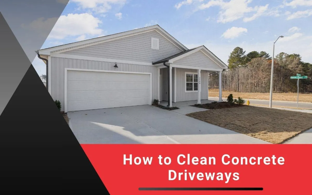 Tools and supplies used for cleaning a concrete driveway.