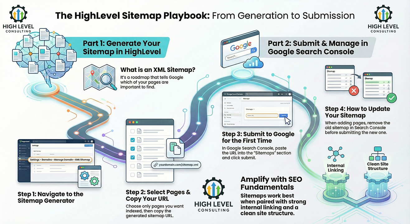 Learn how XML sitemaps actually work in HighLevel, why most users update them incorrectly, and how to ensure Google reliably discovers and indexes your service and location pages.