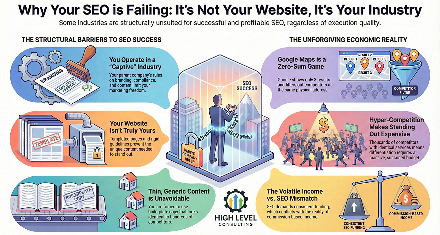 Illustration showing dense competition and limited visibility in local SEO for real estate agents