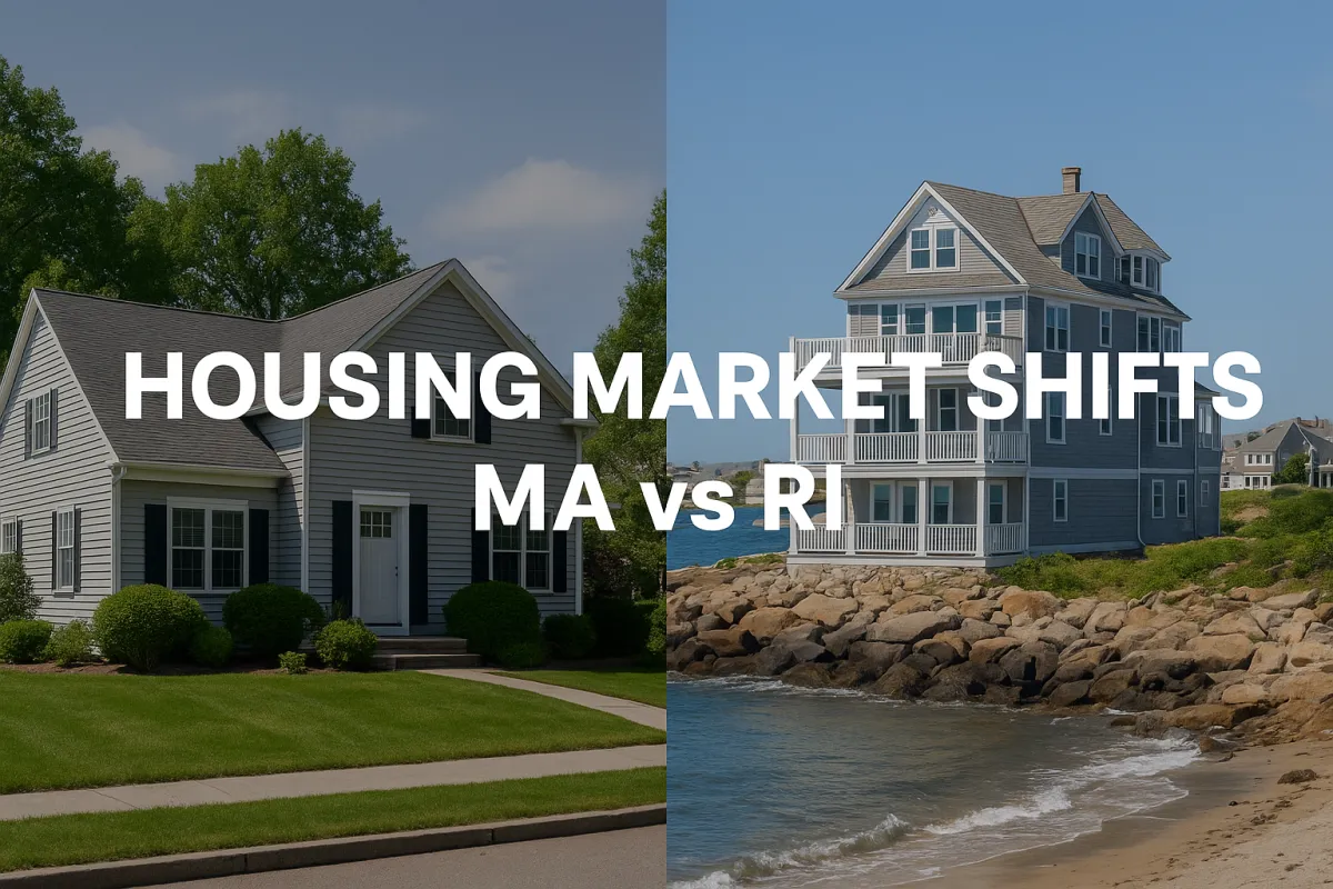 MA suburbs vs. RI coastal homes, with overlaid text “Housing Market Shifts: MA vs RI”