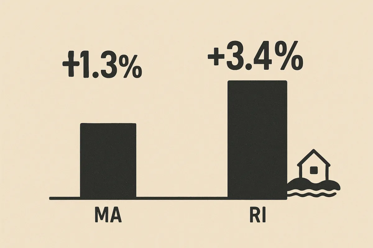 Bar chart “MA +1.3% vs RI +3.4%” with a small coastal icon on RI.