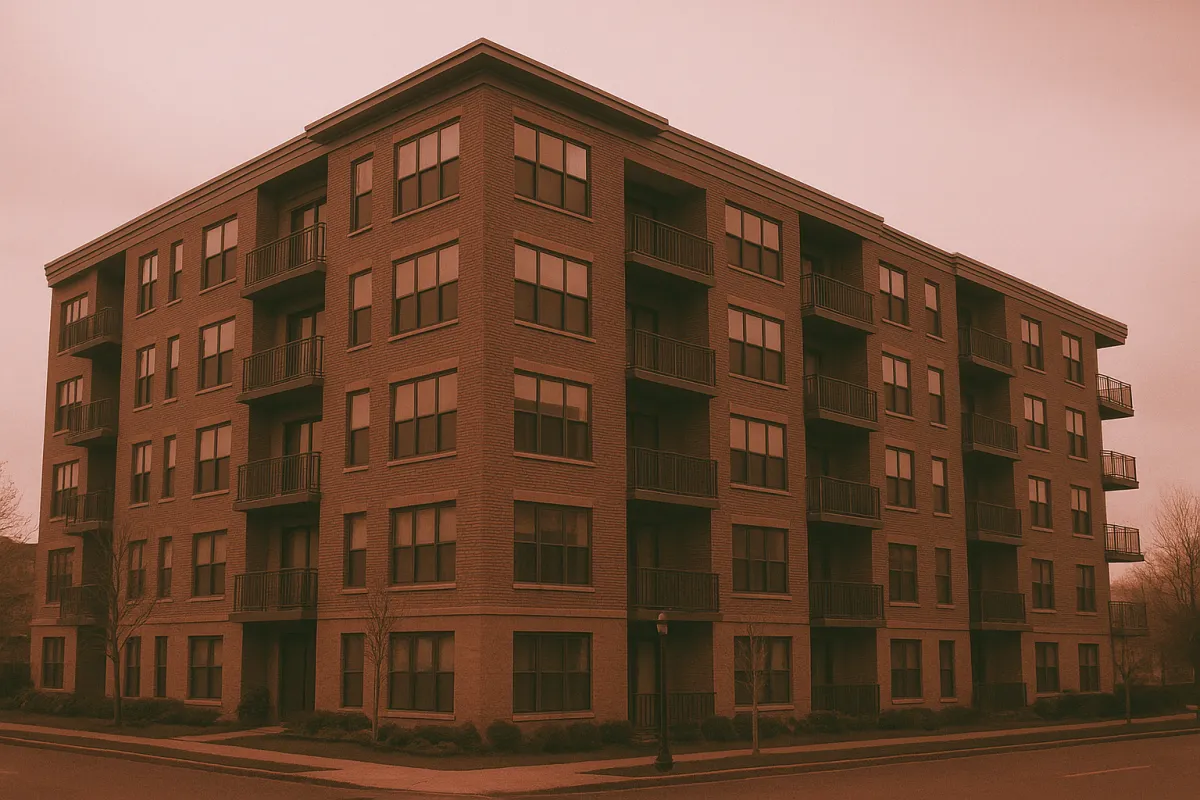 A muted photo of a Boston/Providence condo building with a subtle red overlay.