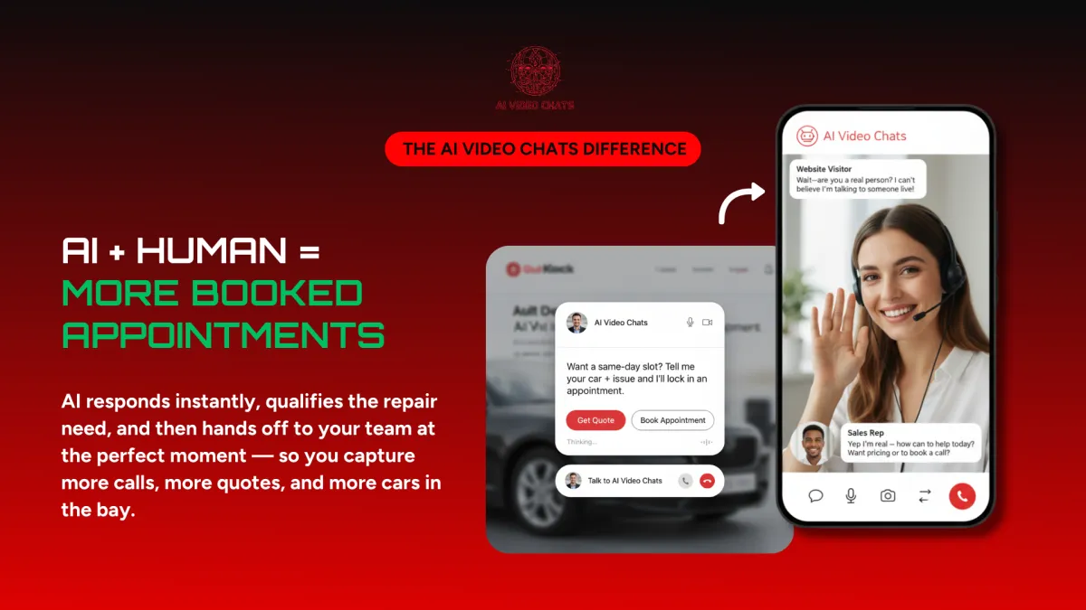 AI video chat service interface showcasing customer interaction, featuring a smiling woman with a headset and text bubbles illustrating user queries and responses, emphasizing instant communication and appointment booking for enhanced sales engagement.