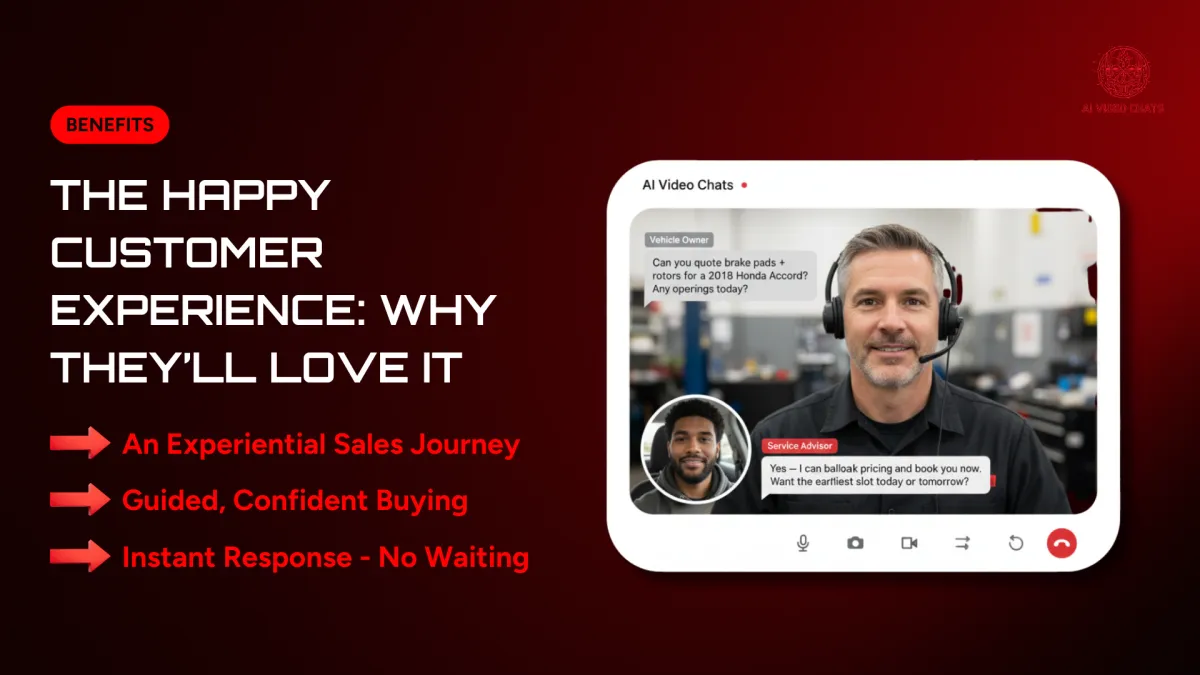 AI video chat interface showcasing a service advisor assisting a vehicle owner, emphasizing instant response and guided buying experience for enhanced customer engagement.