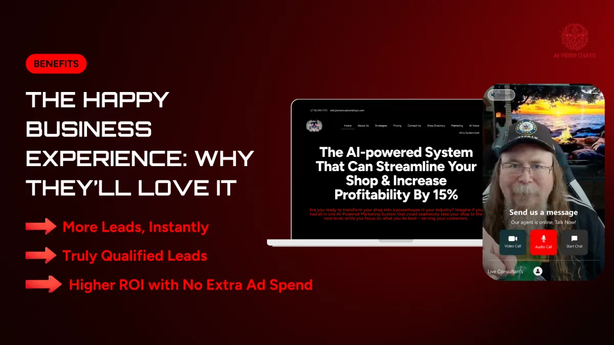AI video chat interface showcasing benefits for businesses, including lead generation and increased profitability, with a focus on customer engagement and instant communication.