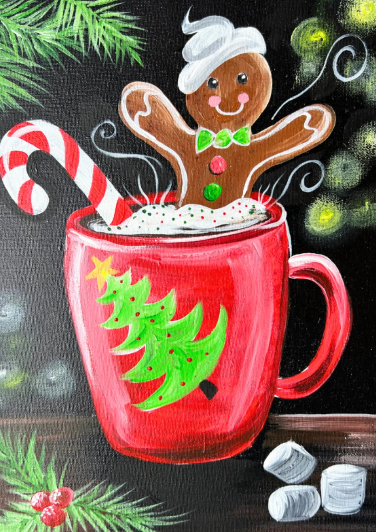 Smiling gingerbread man with Santa hat, candy cane and Christmas lights – festive paint party Hull