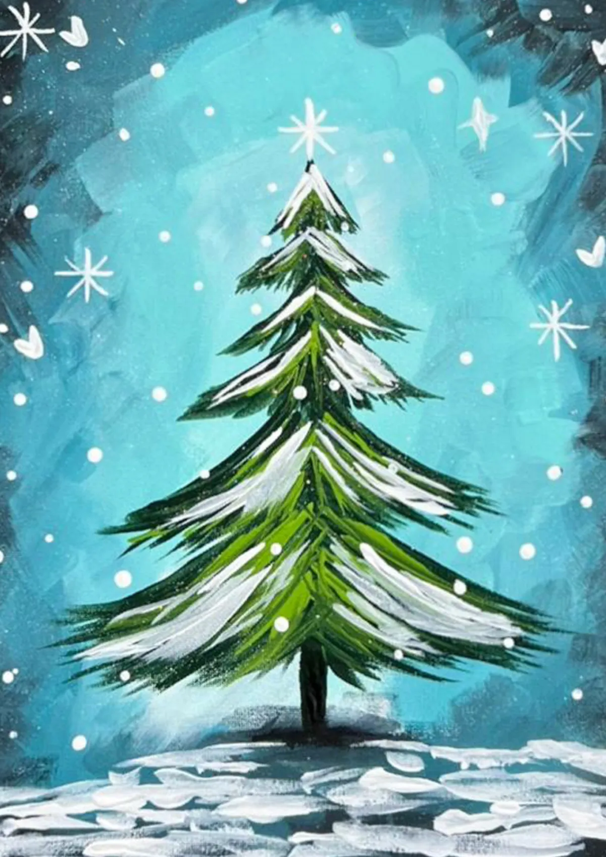 Beautiful snowy Christmas tree painting with glowing star and falling snowflakes – festive paint night Hull