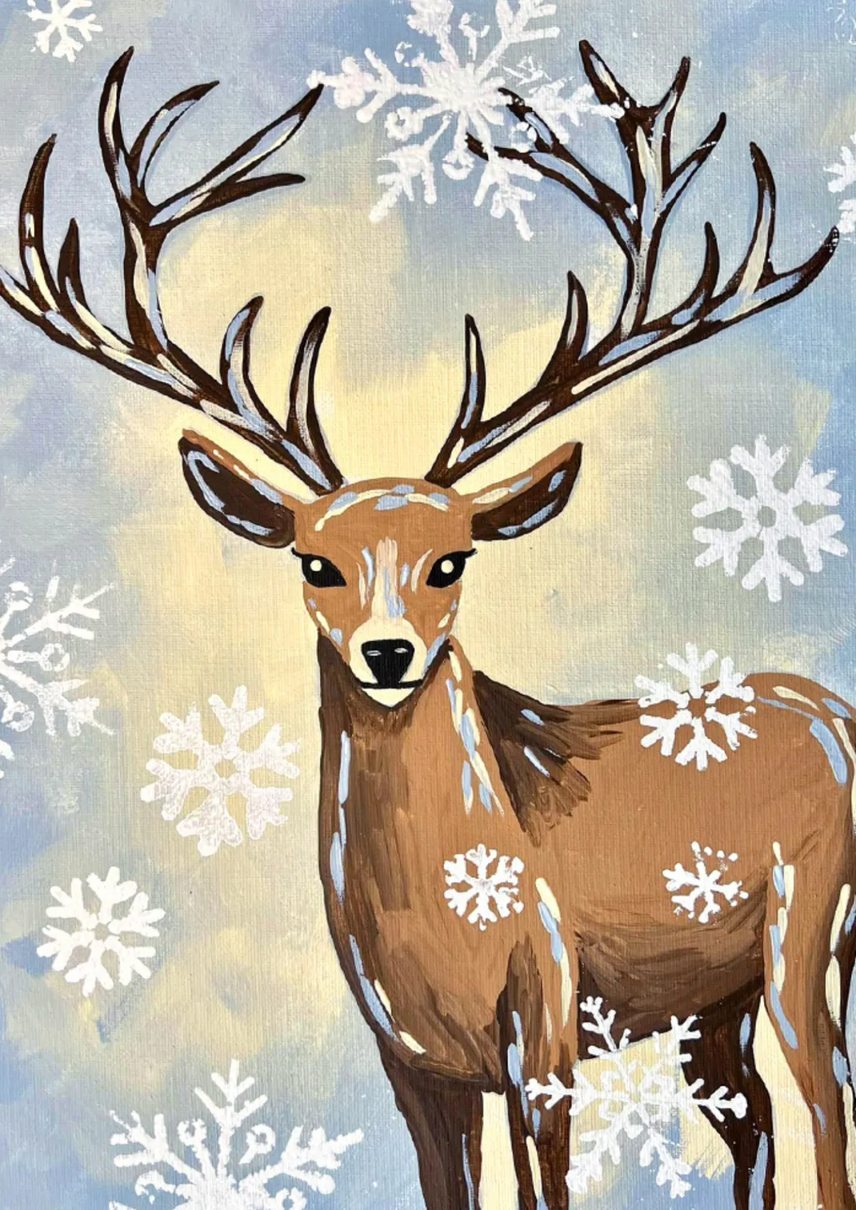 Elegant reindeer painting with antlers and falling snowflakes – Christmas paint and sip Hull city centre