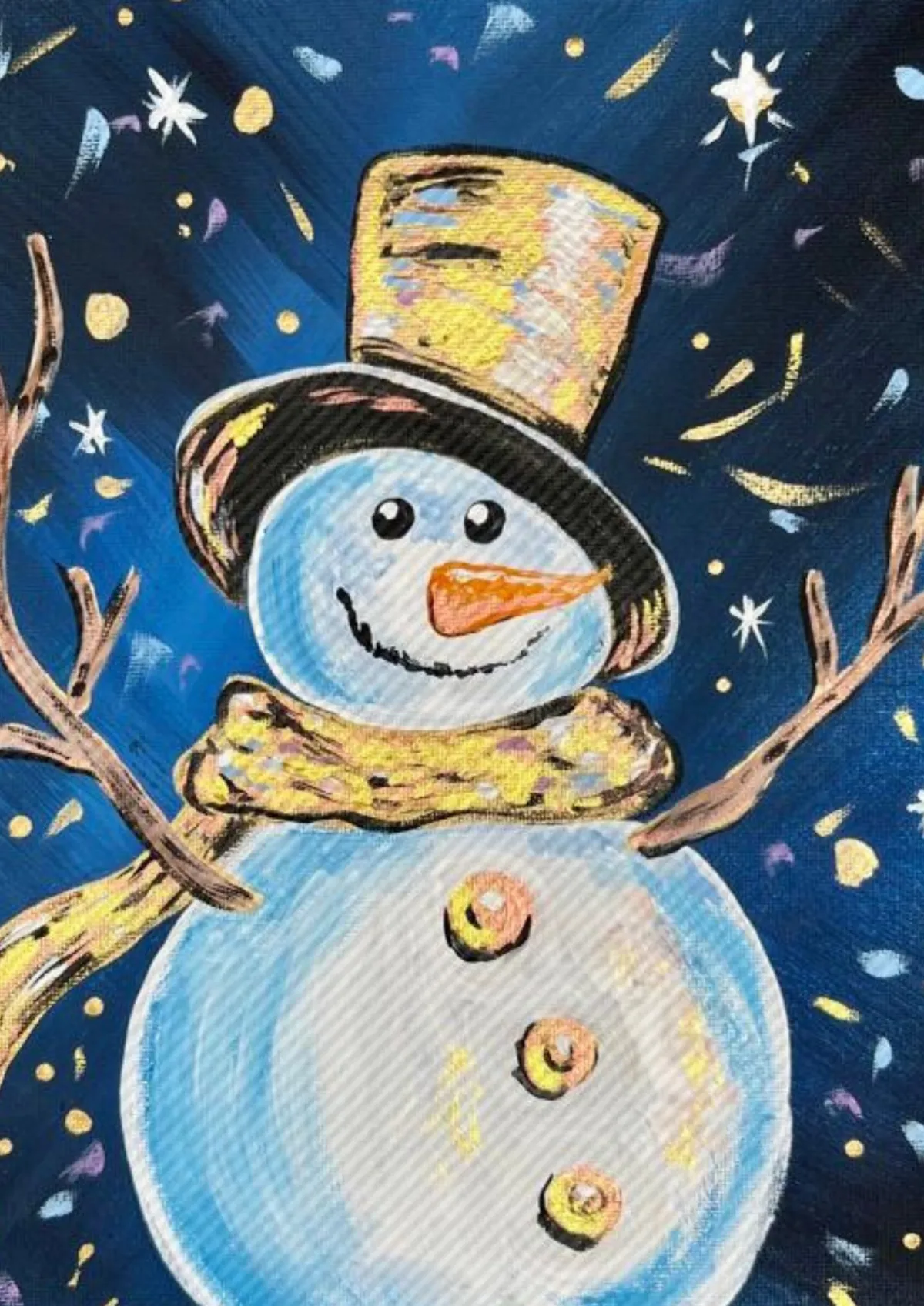 Cheerful snowman with gold hat and scarf against a starry night sky – Hull Christmas paint party design