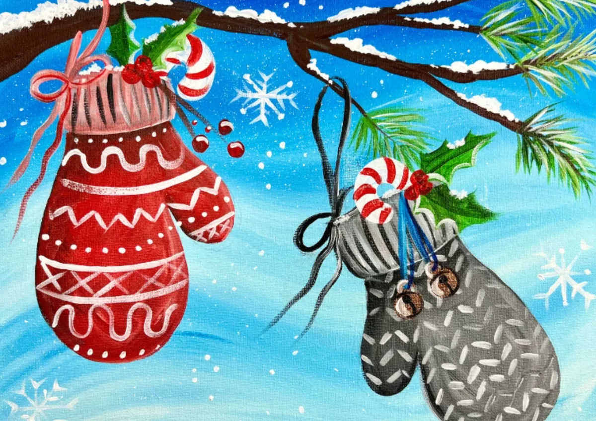 Festive red and grey mittens with candy canes and holly hanging from a snowy branch – Christmas paint and sip Hull