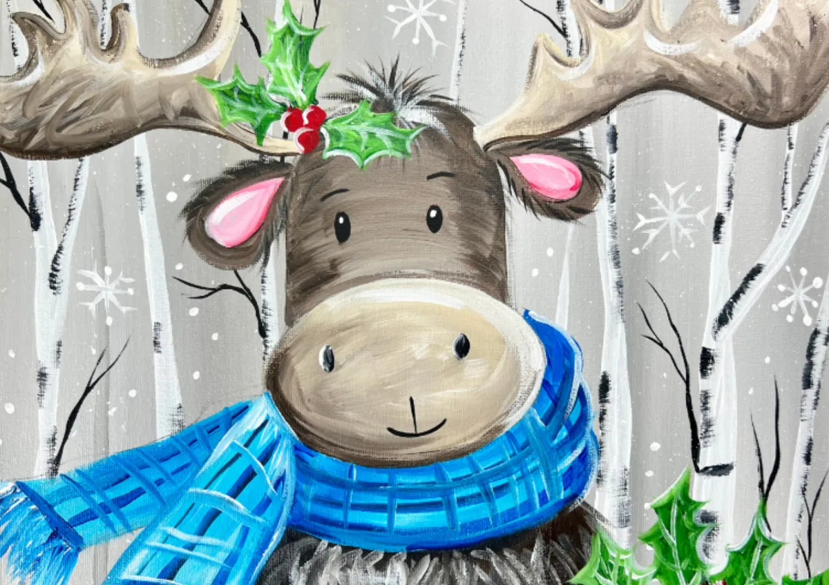 Cute Christmas moose painting wearing a blue scarf with holly and snowflakes – festive paint party design Hull