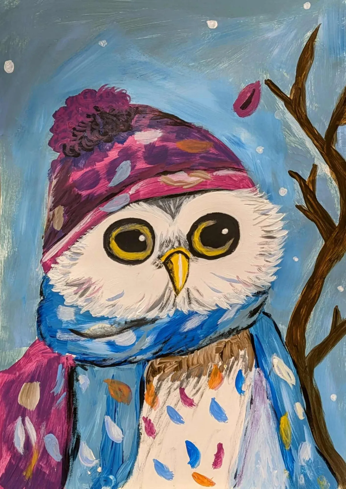 Beautiful snowy Christmas tree painting with glowing star and falling snowflakes – festive paint night Hull