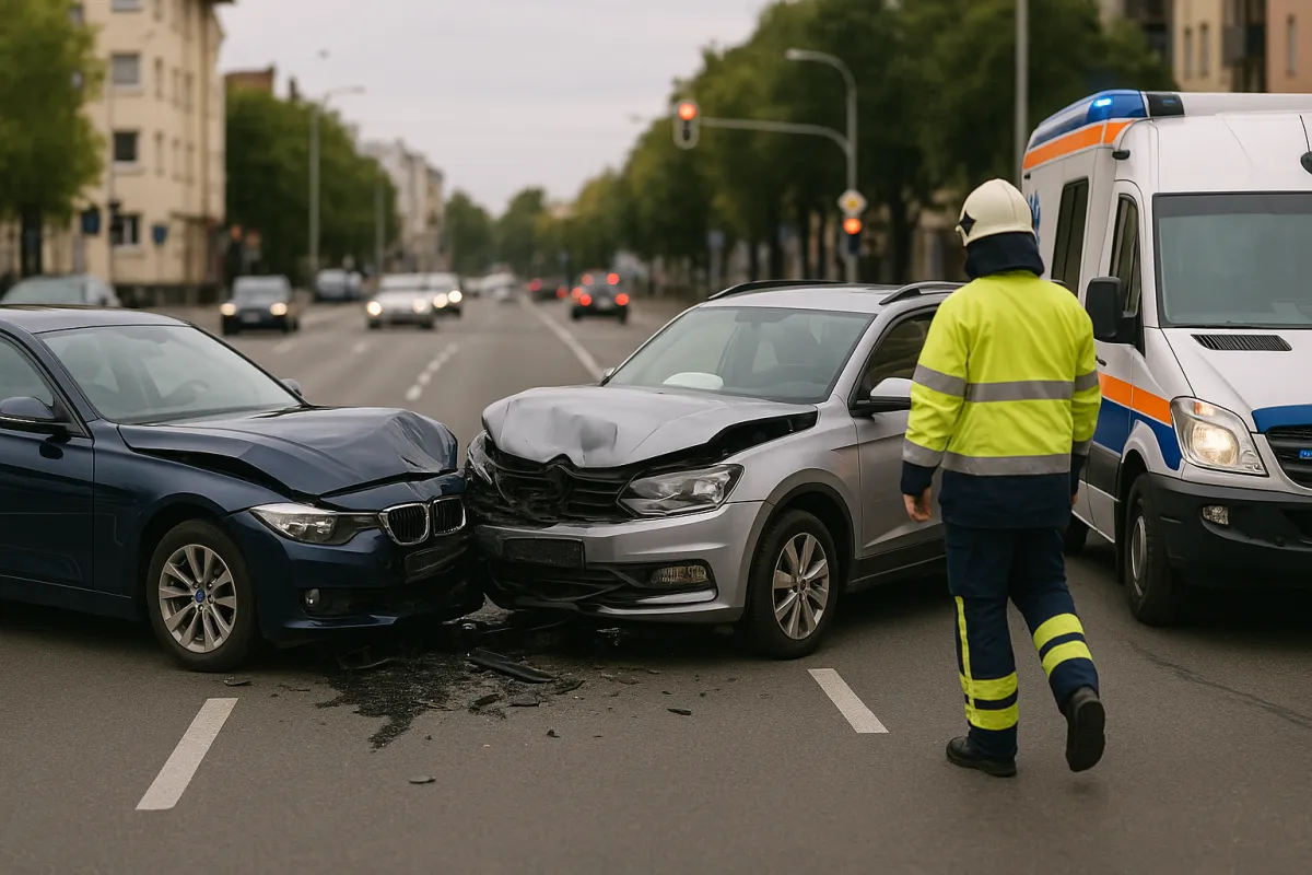 Daytime car accident scene at a city intersection with a crumpled navy sedan and damaged silver SUV, firefighter approaching, and ambulance parked nearby