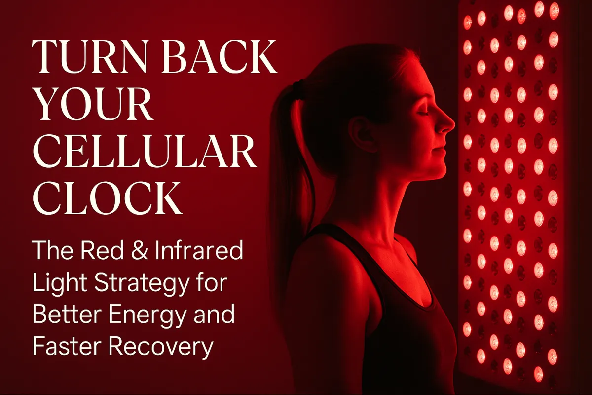 Using red and infrared light therapy panel with text overlay ‘Turn Back Your Cellular Clock’ promoting mitochondrial energy and recovery benefits