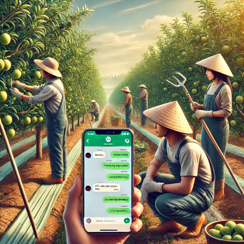 越南工人在果園修剪,使用 line翻譯機器人中越 輔助