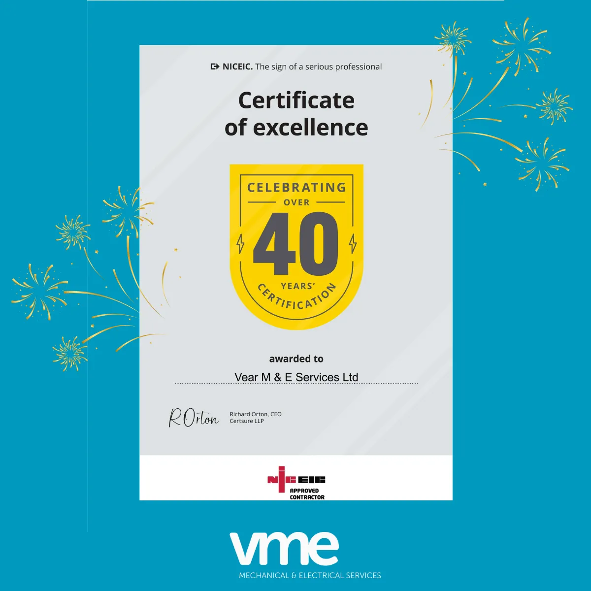 Celebrating 40 years of NICEIC memberhsip certificate