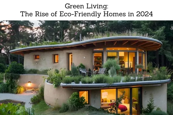 The image shows a modern, eco-friendly home with an organic, curved design that blends harmoniously with its natural surroundings. The house features large windows that invite plenty of natural light and greenery on the roof, contributing to its sustainability. The structure is built with natural materials like wood and earth, emphasizing environmentally conscious construction. The lush vegetation around the house highlights the theme of sustainable living. The title above the image reads, "Green Living: The Rise of Eco-Friendly Homes in 2024," reflecting a growing trend toward eco-conscious home design.