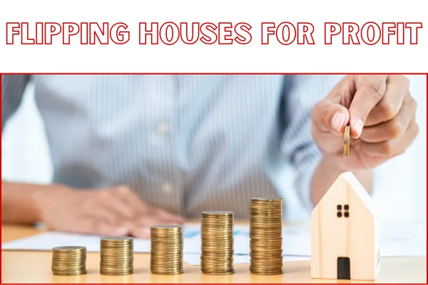 The image shows a person stacking coins next to a small wooden house model, representing the financial gains from real estate investing. The increasing size of the coin stacks symbolizes growing profits, emphasizing the financial rewards of house flipping. The bold headline, "Flipping Houses for Profit," underscores the practice of purchasing properties, renovating them, and selling them for a higher price. This visual effectively communicates the potential of real estate flipping as a lucrative investment strategy, appealing to those interested in the quick turnaround of buying and selling homes for financial gain.