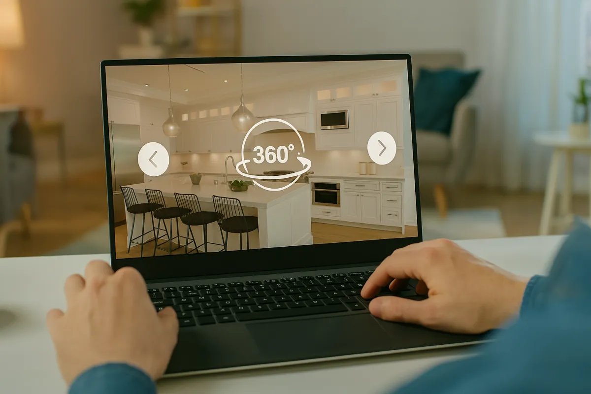 The image highlights the future of real estate through digital innovations. In the center is a globe representing global connectivity, surrounded by three icons: a mobile device showing a virtual tour of a building, a blockchain symbol, and a laptop displaying a digital dollar symbol. The arrows connecting these icons emphasize the seamless flow of digital real estate transactions. The bold headline reads, "Digital Real Estate: Virtual Tours, Blockchain, and Paperless Transactions in 2024," signaling the real estate industry’s shift towards virtual home tours, secure blockchain technologies, and fully paperless processes, reflecting the growing influence of tech on property buying and selling.